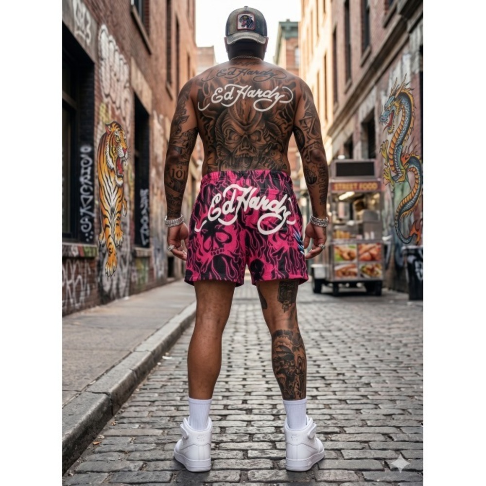 Ed Hardy Panther Dragon Mesh Shorts Tattoo Graphic Design Pink XXL